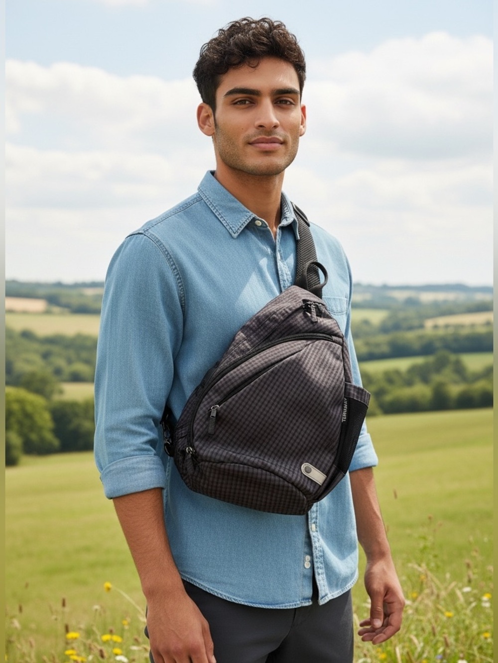 TurnWay Waterproof Sling Backpack in the "Grey Grid" gingham plaid